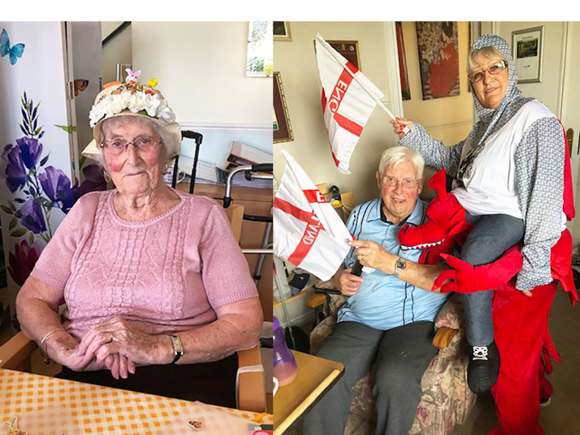 Lady resident wearing her Easter bonnet and staff and resident celebrating St Georges Day