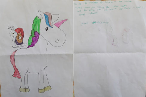 Letter of support and unicorn drawing for Silverpoint Court staff and residents from a local child