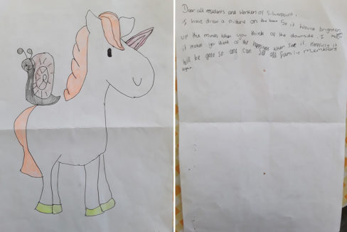 Letter of support and a pink unicorn drawing for Silverpoint Court staff and residents from a local child