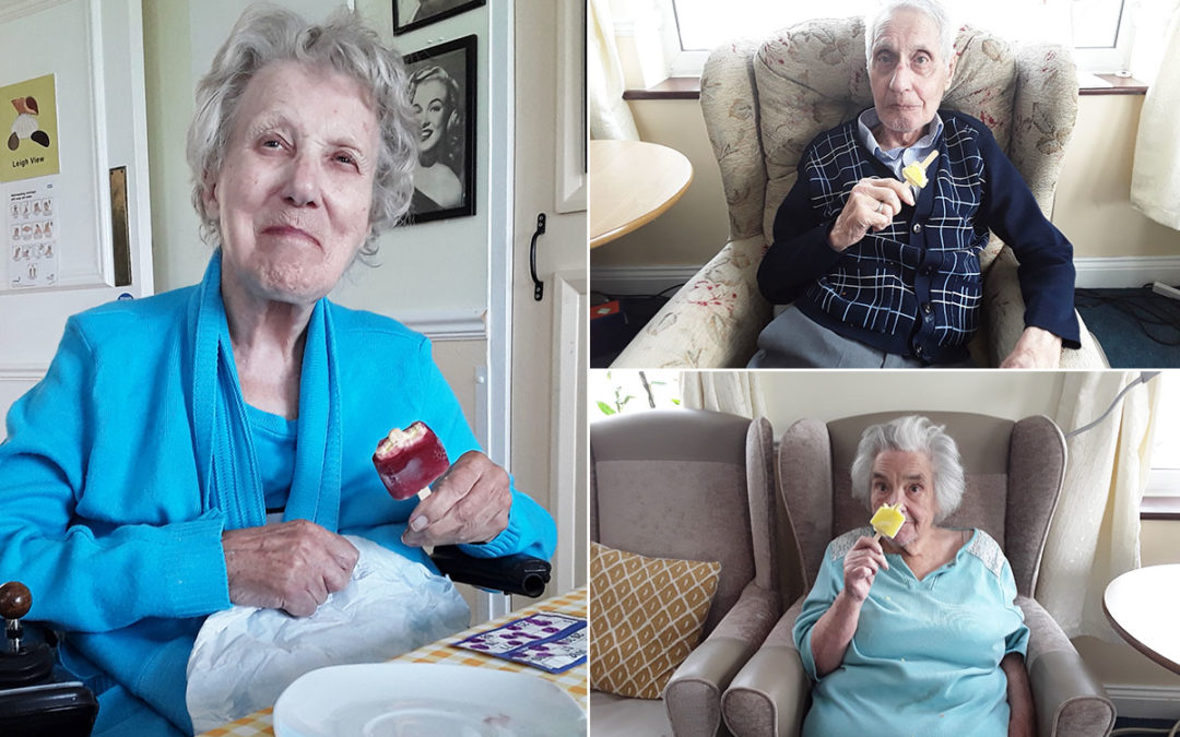Enjoying ice lollies at Silverpoint Court Residential Care Home