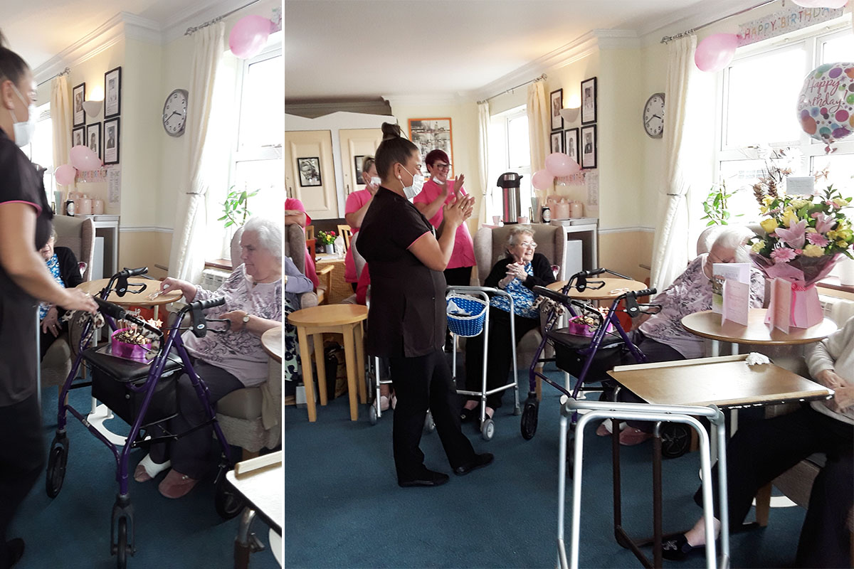 Lady resident at Silverpoint Court enjoying her birthday celebrations in the lounge