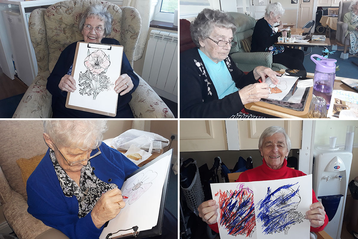 Residents colouring Remembrance poppies at Silverpoint Court Residential Care Home