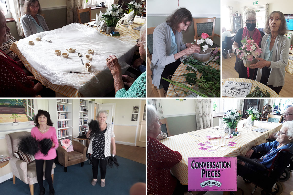 Silverpoint Court Residential Care Home residents making salt dough pots, enjoying exercised, flower arranging and chatting with conversation cards