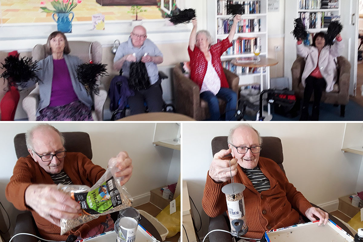 Silverpoint Court Residential Care Home residents doing seated exercises and one gent filling a bird feeder