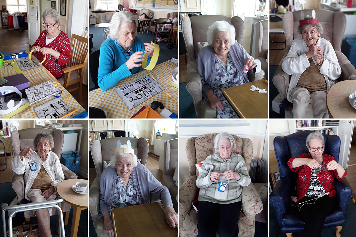 Residents making bunny hats and Easter baskets at Silverpoint Court Residential Care Home
