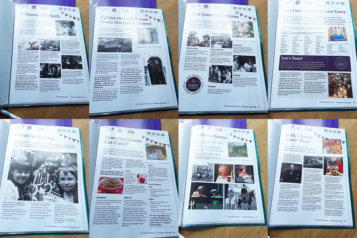 Pages from a Platinum Jubilee keepsake book at Silverpoint Court Residential Care Home