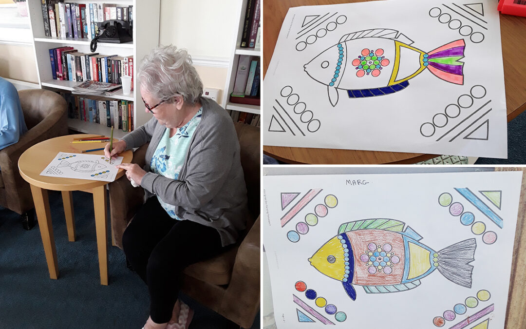 Aboriginal colouring and seated exercises at Silverpoint Court Residential Care Home