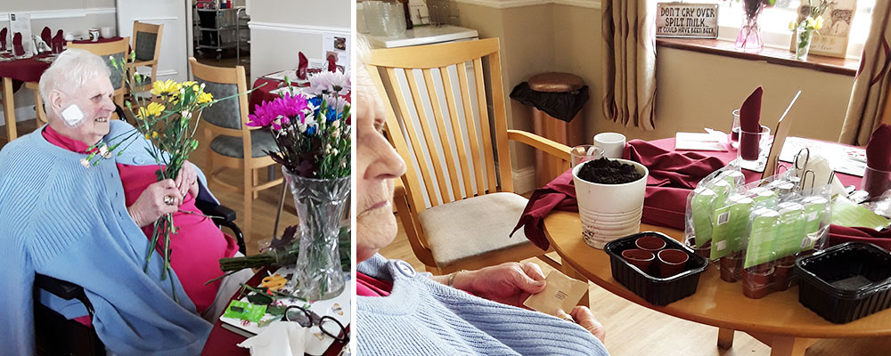 Making flower displays and creating an inside herb garden at Silverpoint Court Residential Care Home 