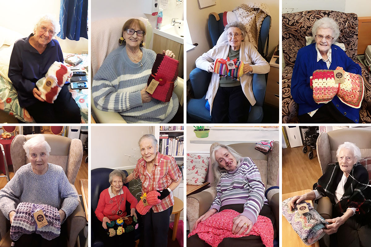 Silverpoint Court Residential Care Home residents receiving beautiful donated knitted blankets
