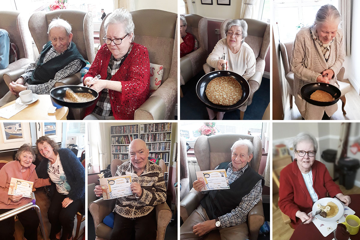Silverpoint Court Residential Care Home residents enjoying pancake flipping