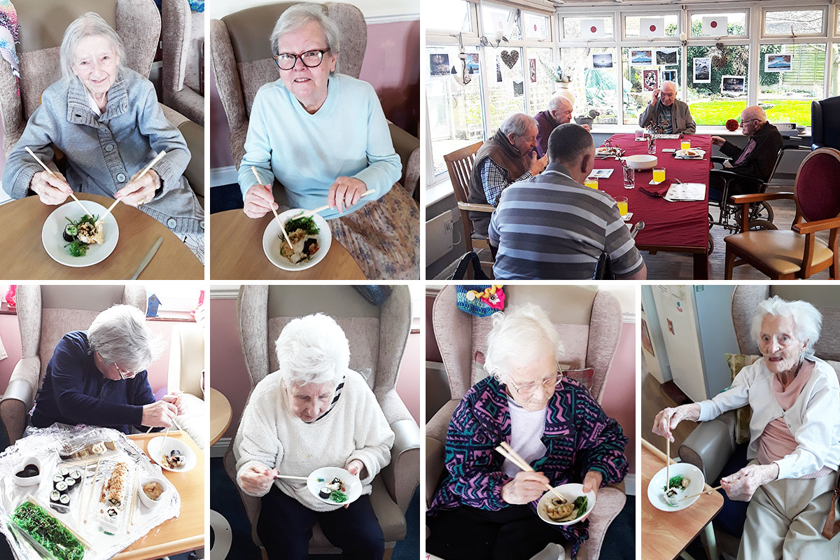Eating sushi at Silverpoint Court Residential Care Home